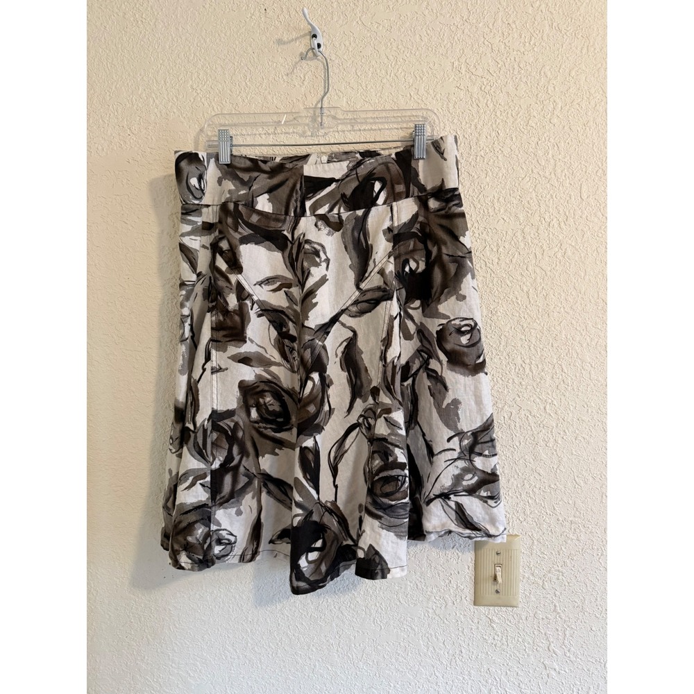 Grace Women 100% Linen Abstract Floral A-Line Skirt Grey‎ Cream Black Size 14